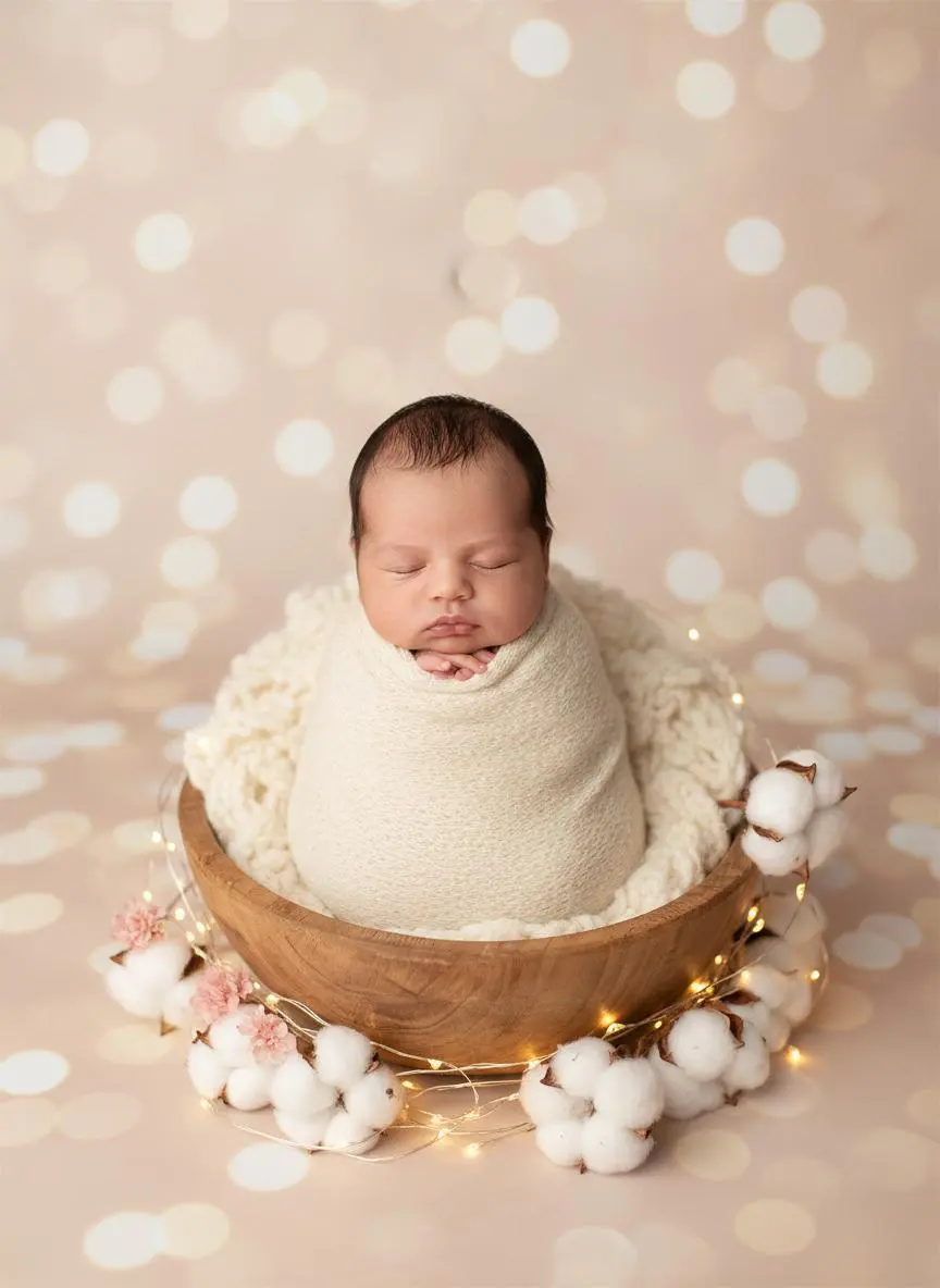 Sleeping newborn wrapped in cream in a bowl with soft lights