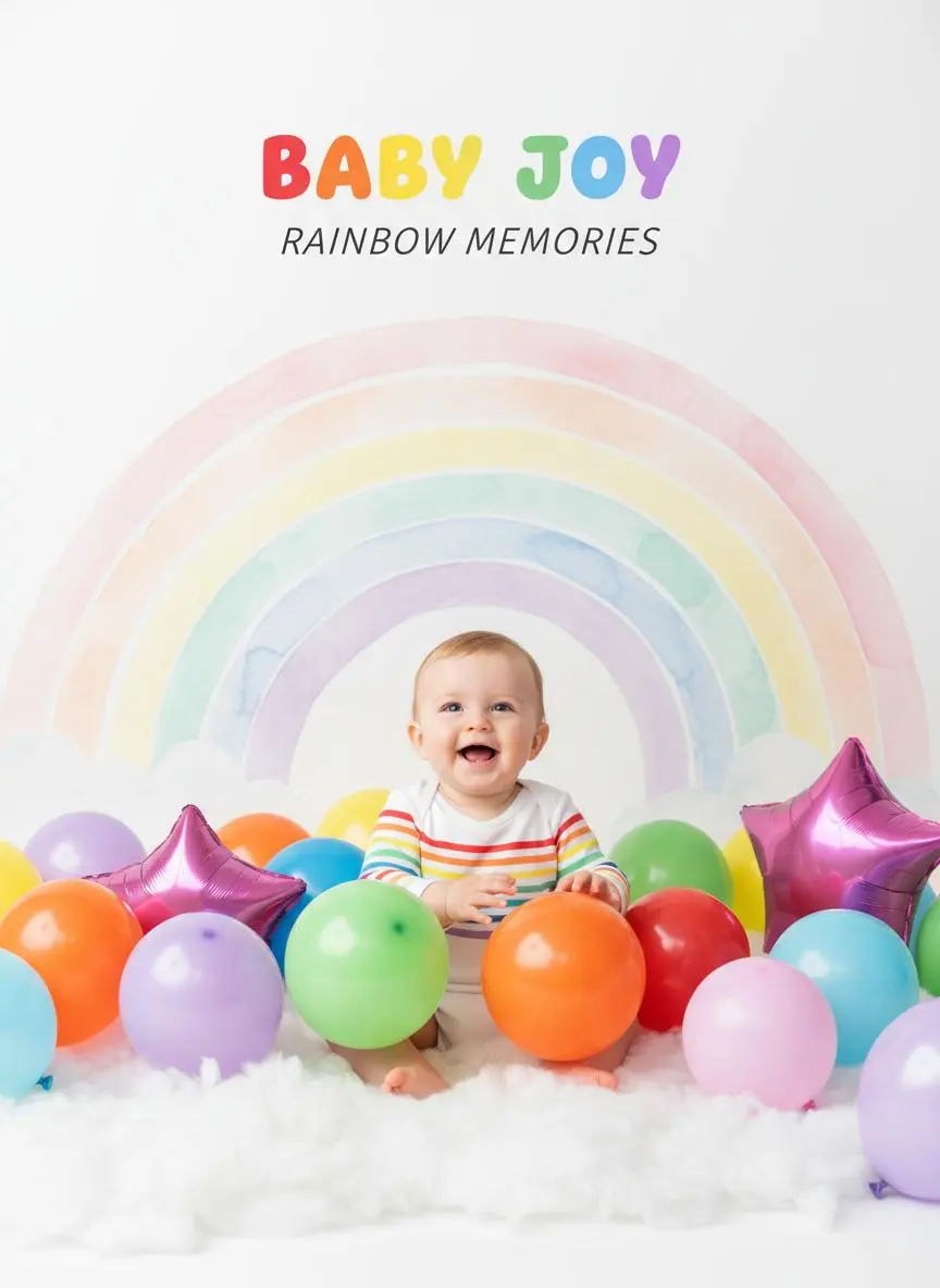 Smiling baby with balloons under a pastel rainbow