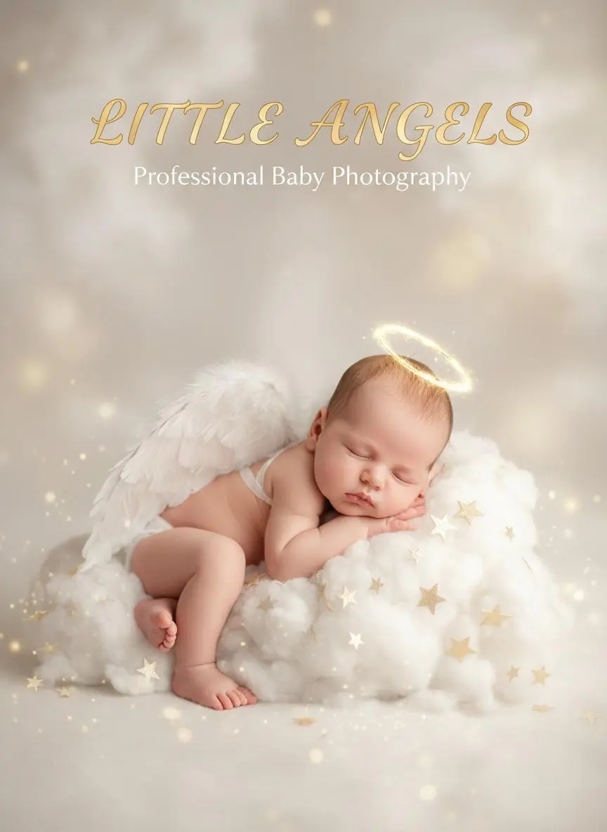 Sleeping baby with small angel wings on white clouds