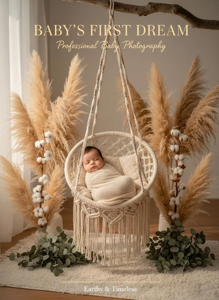Sleeping newborn in a woven hanging-chair scene with pampas grass
