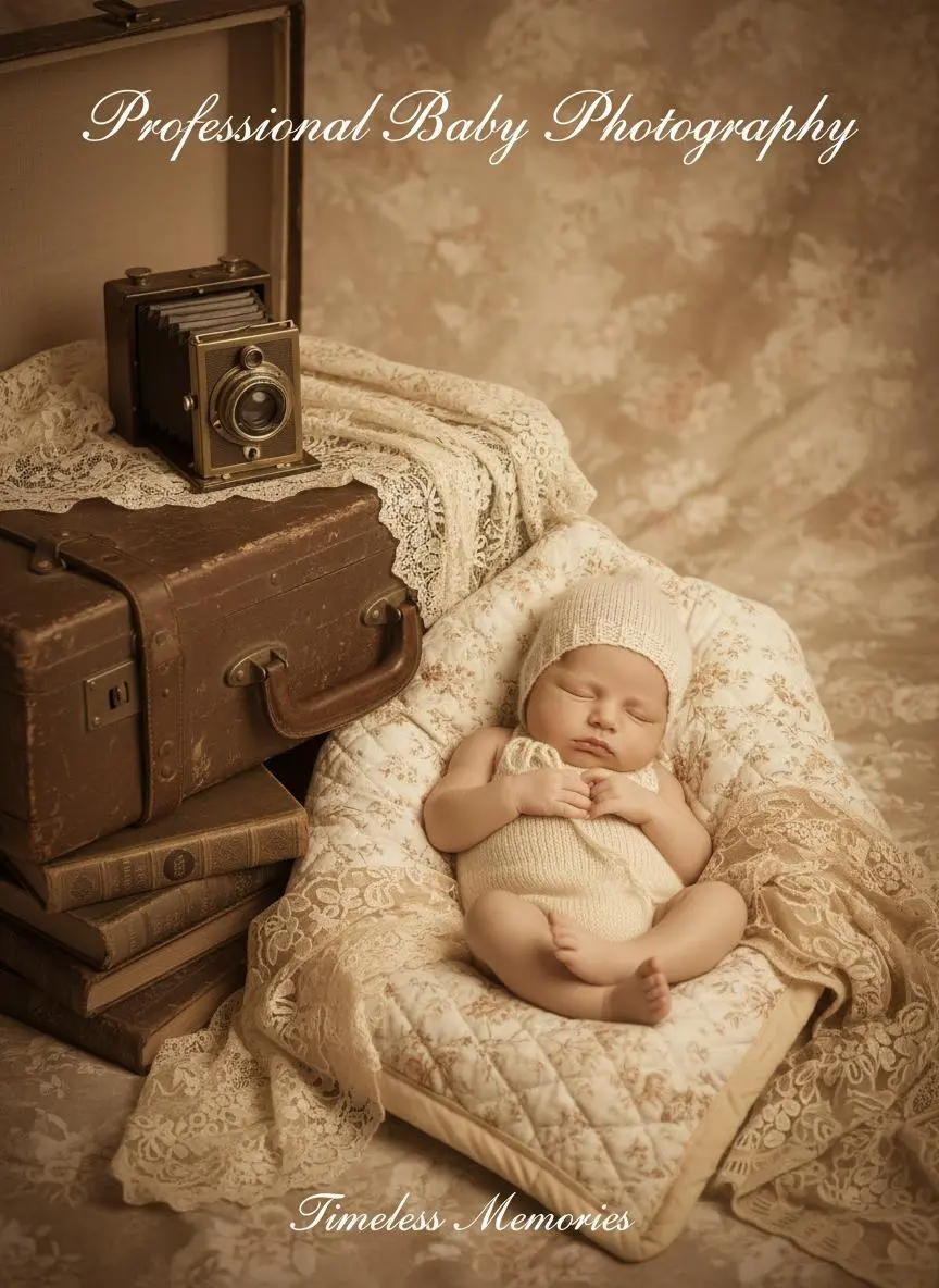 Sleeping newborn in a vintage suitcase beside an old camera