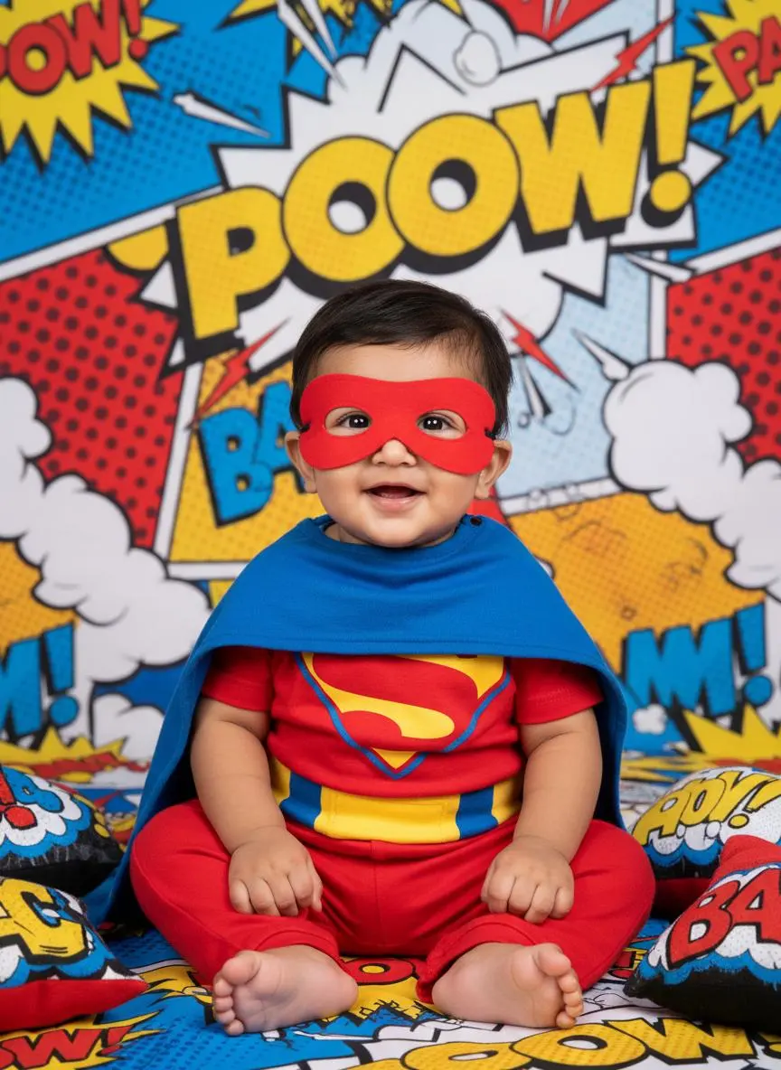 Baby in a red superhero mask against a colourful comic-book background