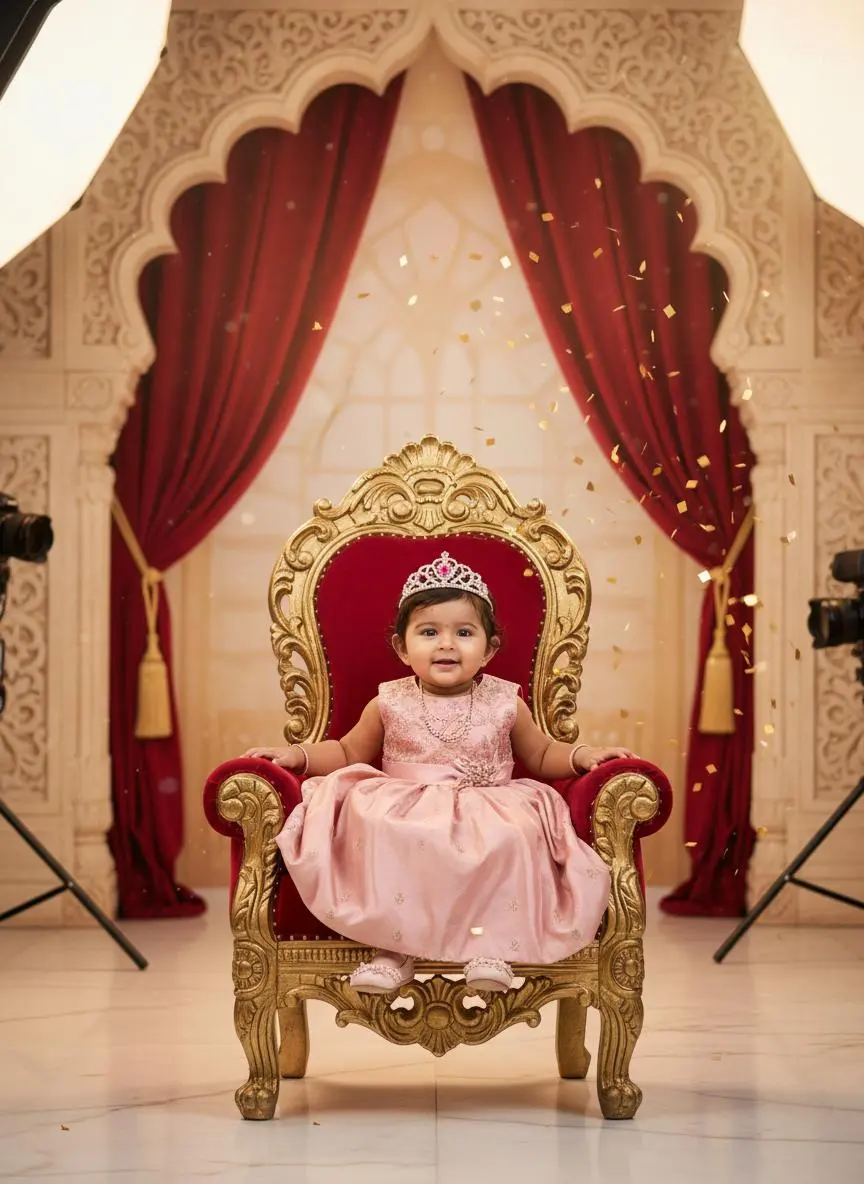 Baby in a pink dress and crown on a palace-style throne