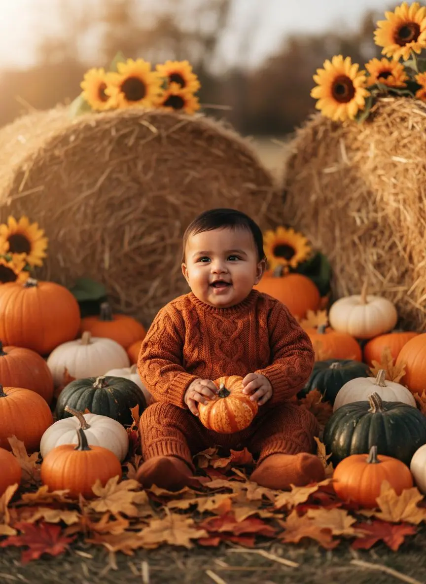 Baby in orange among pumpkins, hay bales and sunflowers