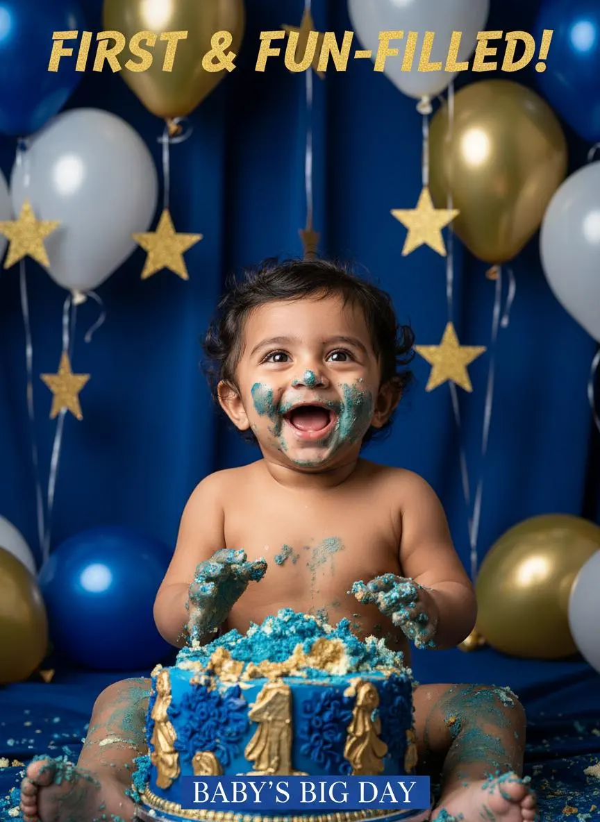 Smiling baby with a blue first-birthday cake and blue-and-gold balloons