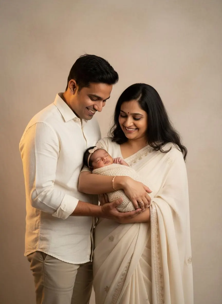 Parents in cream outfits looking at their newborn together