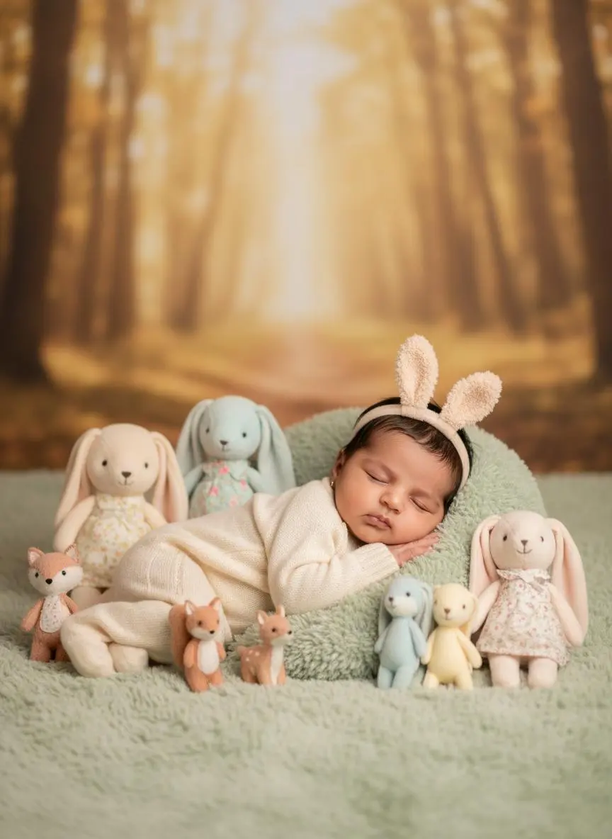 Sleeping baby surrounded by soft toy rabbits in a woodland-inspired scene