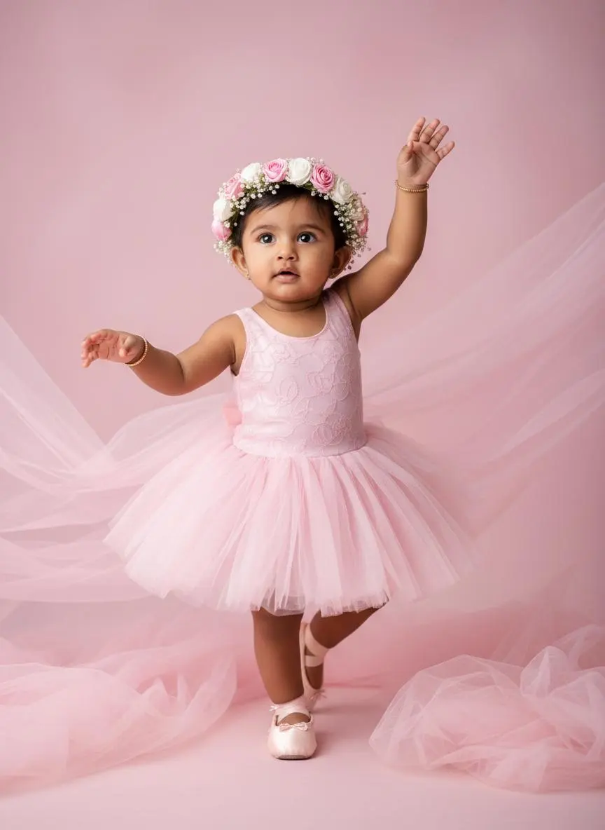 Child in a pink ballet outfit against a soft pink backdrop