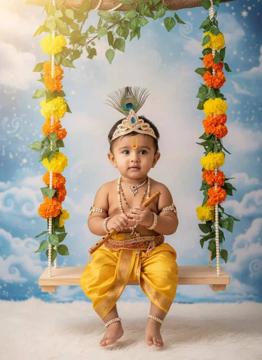 Baby in Krishna-inspired yellow clothing with a peacock feather and flower arch