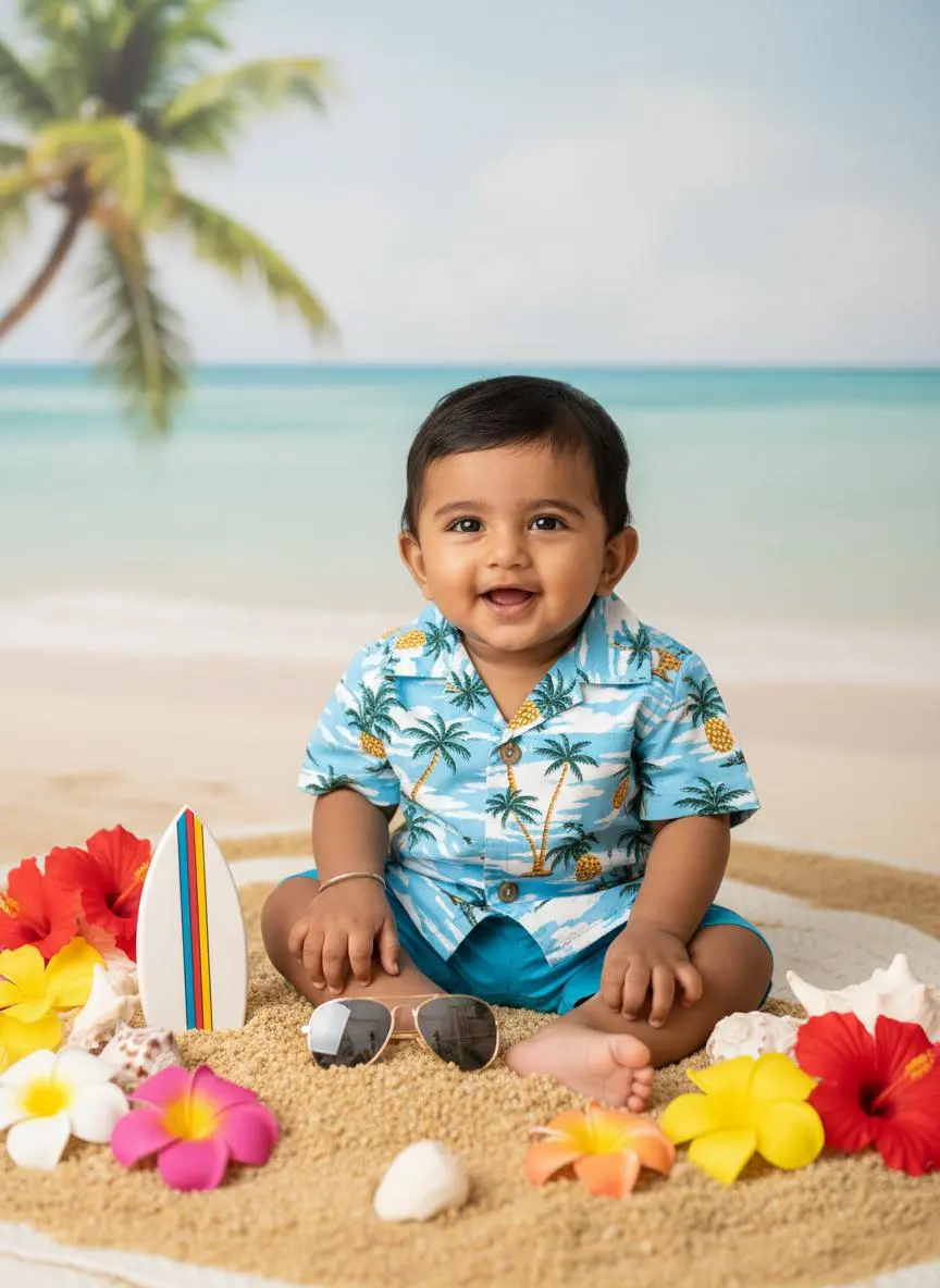 Baby in a blue tropical shirt on a beach-themed set