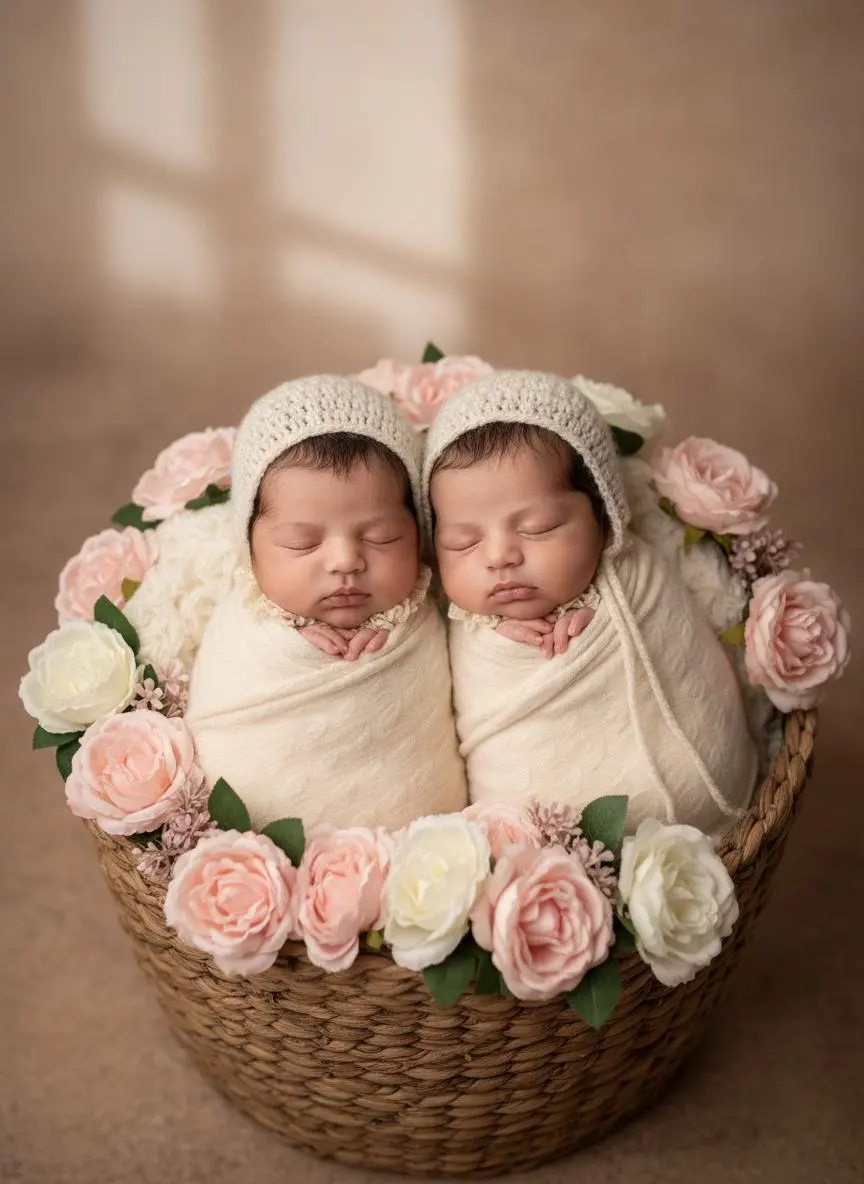 Twin babies sleeping together in a flower-lined basket