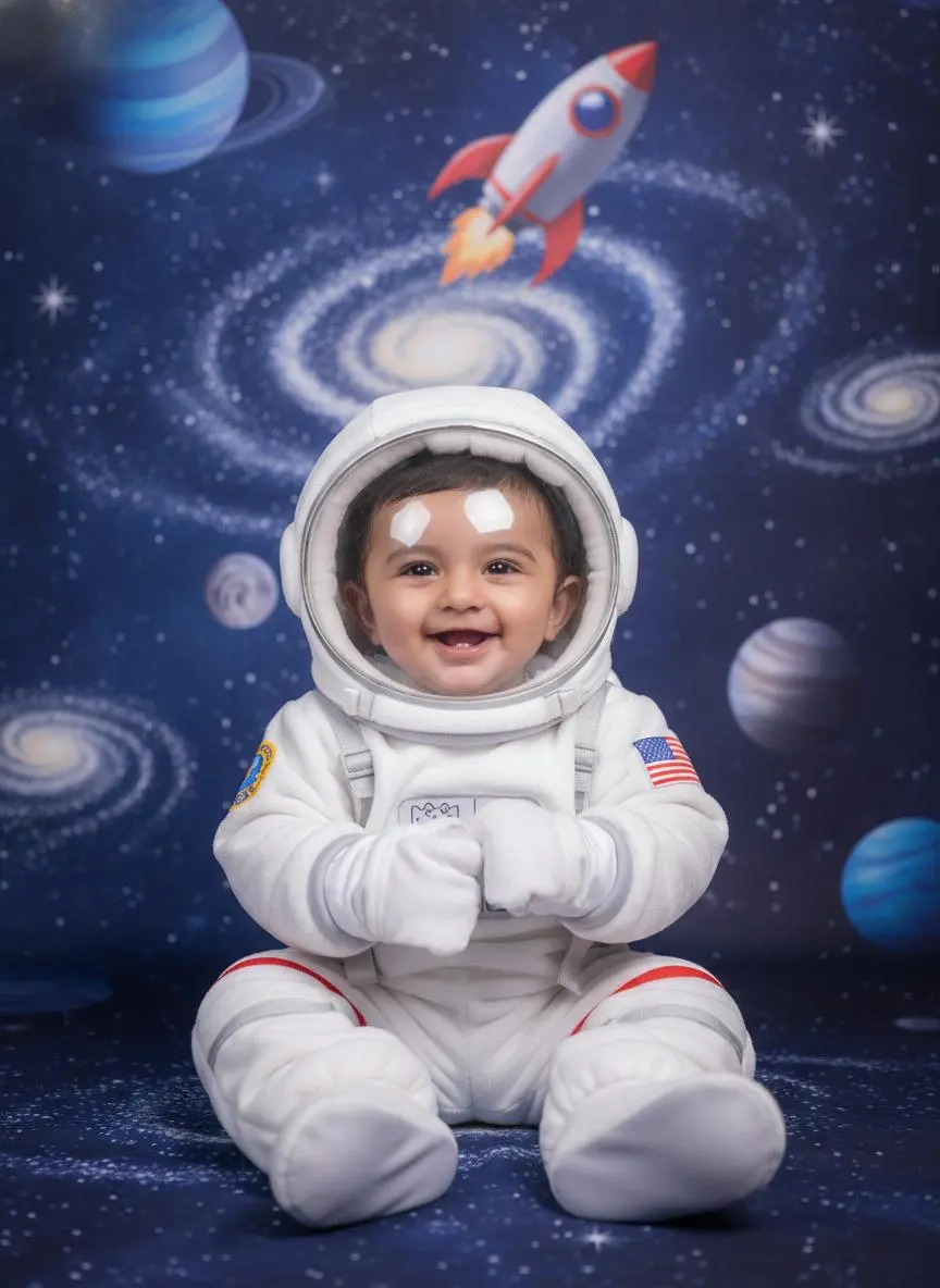 Baby in an astronaut outfit against a galaxy and rocket backdrop