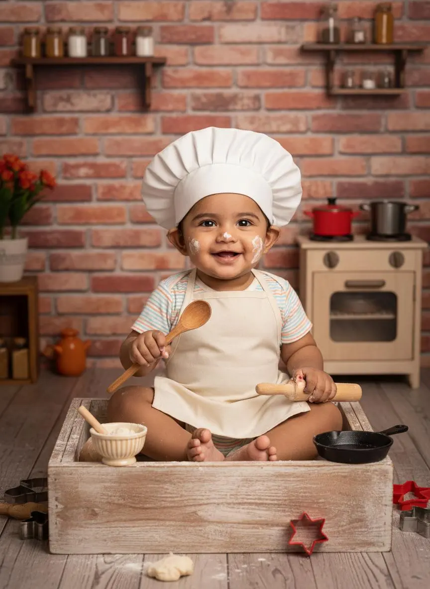 Baby in a chef hat behind a wooden counter with baking utensils