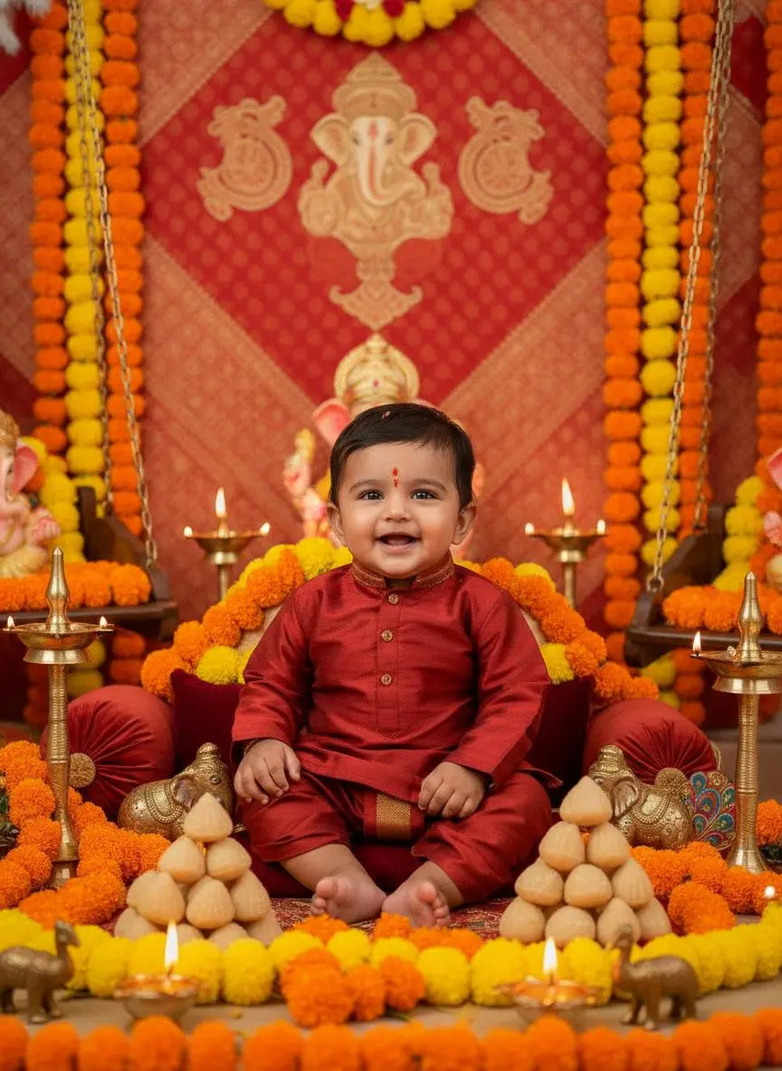 Baby in red against a Ganesh Chaturthi backdrop with marigold decorations