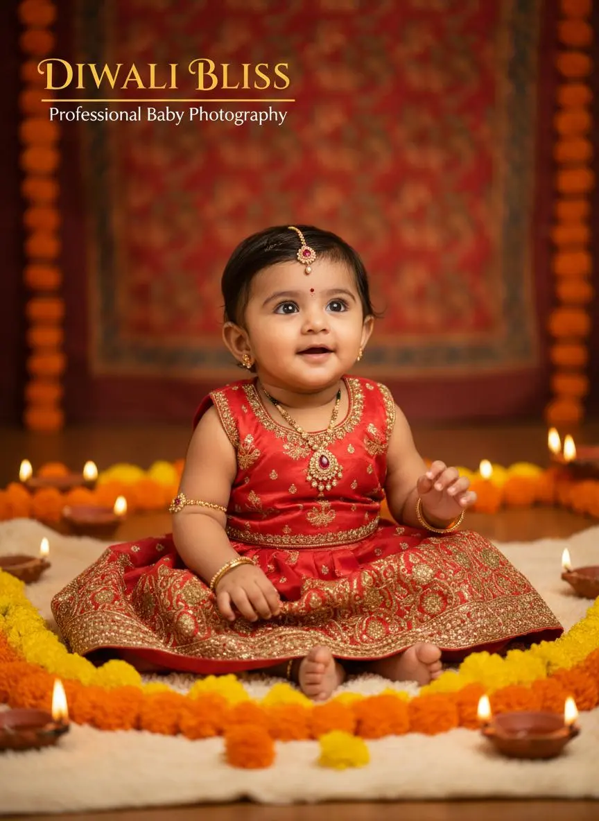 Baby in red festive clothing with marigolds and Diwali decorations