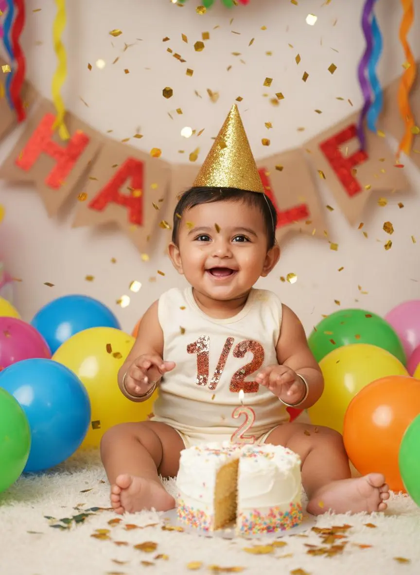 Baby with a half-birthday cake, party hat and colourful balloons