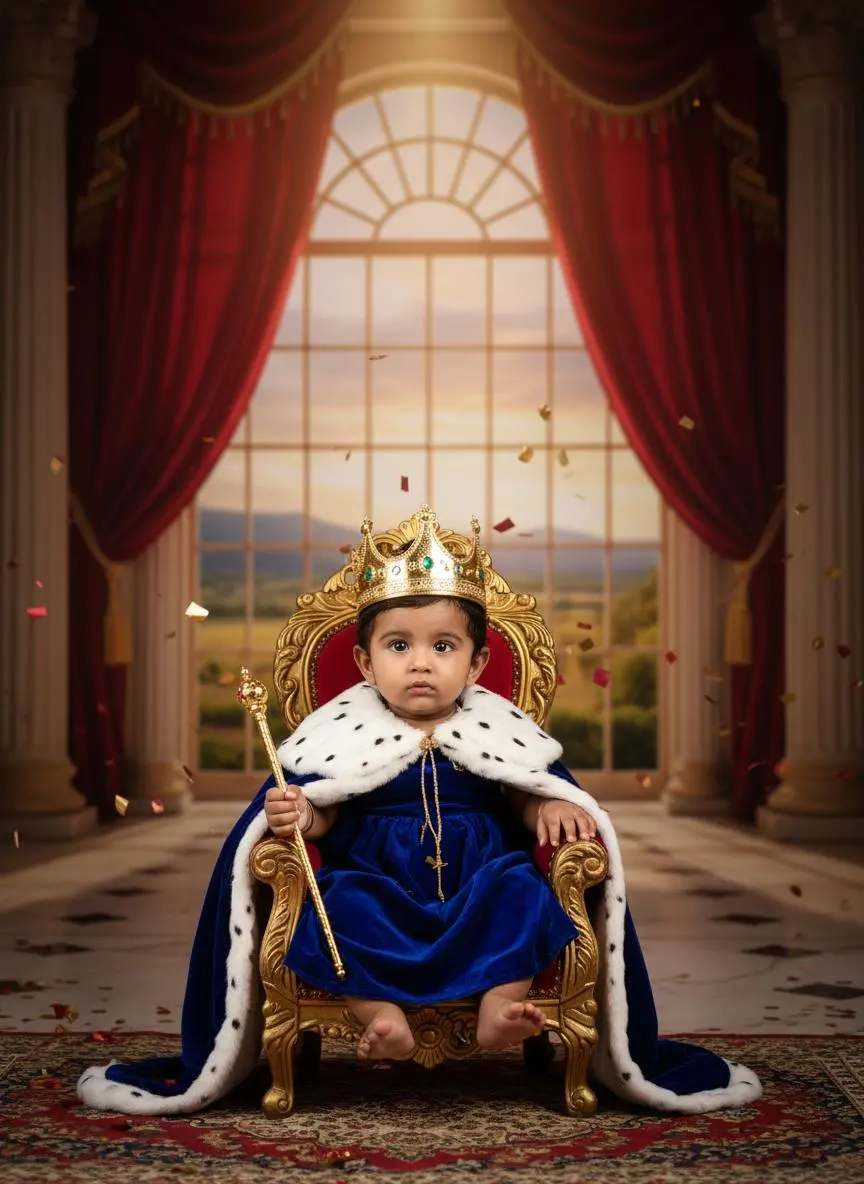 Baby in a crown and blue royal cape on a throne