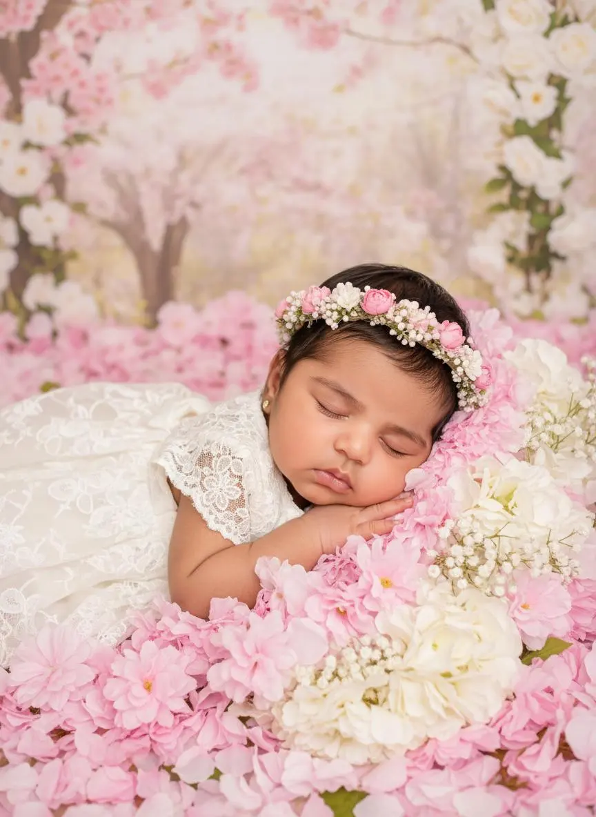 Sleeping baby surrounded by pink cherry blossoms
