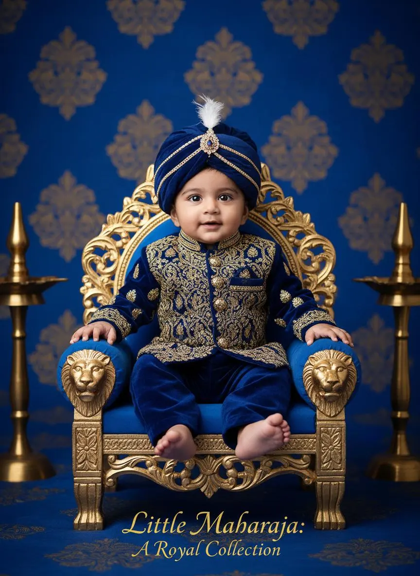 Baby in blue royal clothing on an ornate gold throne