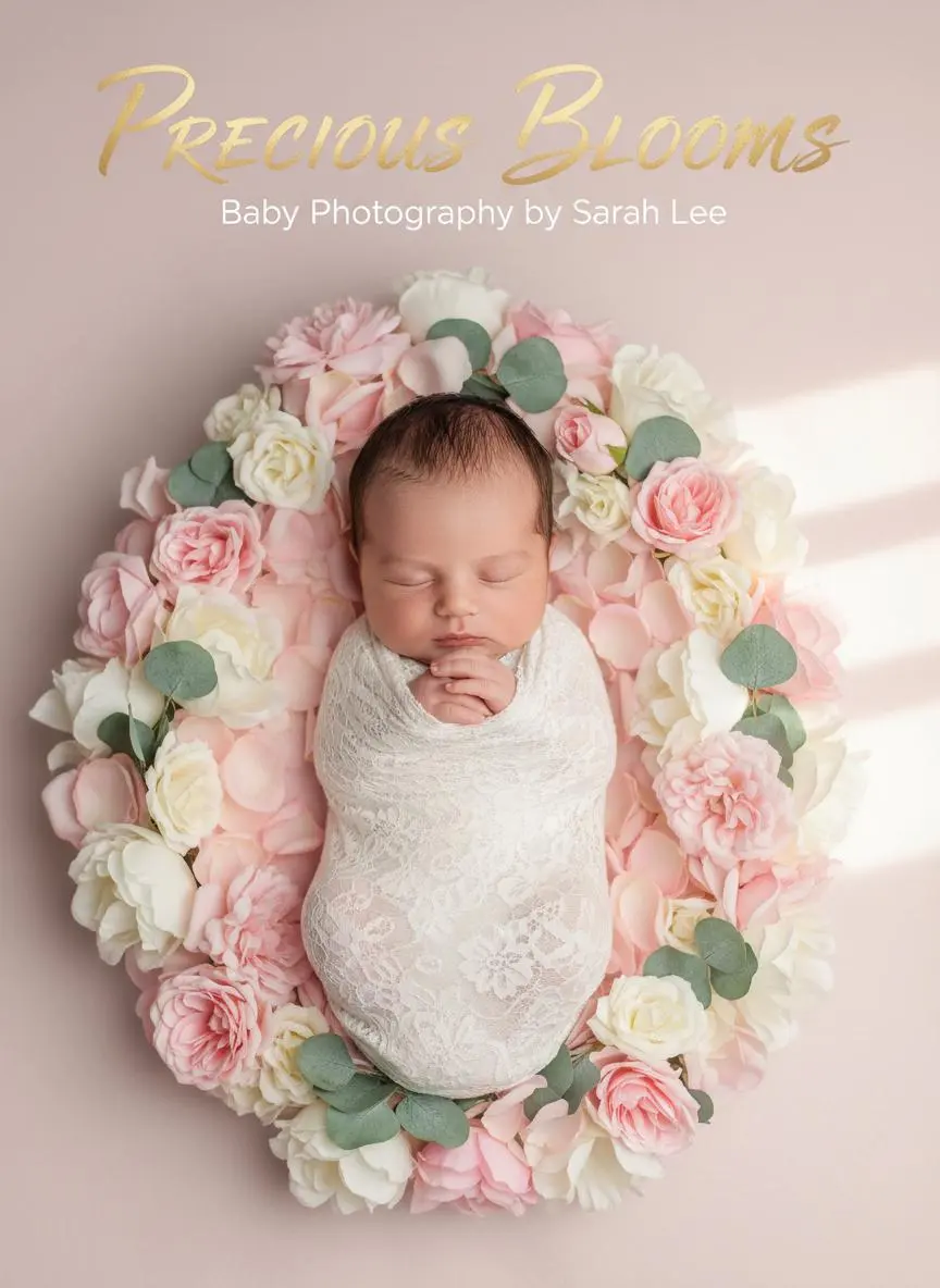 Swaddled newborn surrounded by pink and white roses