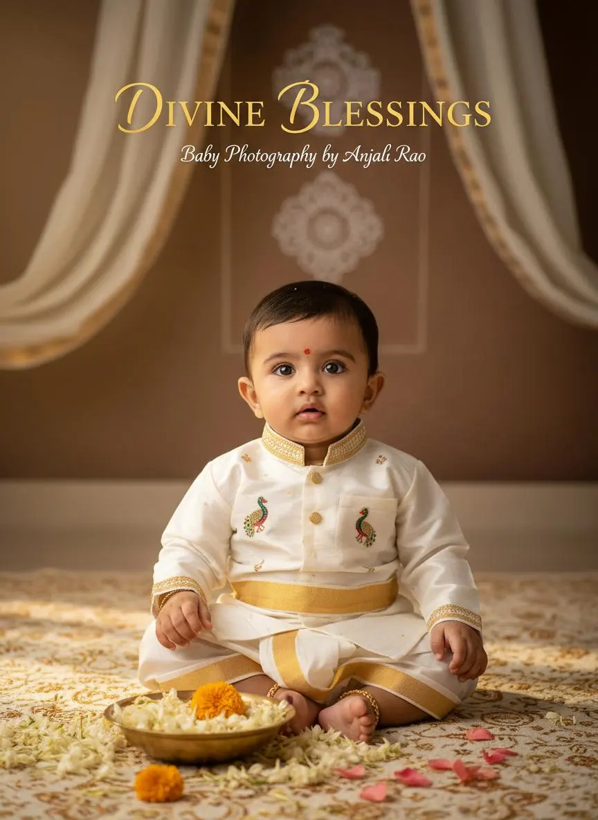 Baby in cream traditional clothing beside ceremonial decorations
